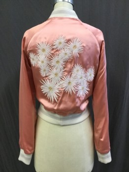 Womens, Blazer, ELIZABETH AND JAMES, Rose Pink, Cream, Lt Gray, Silk, Synthetic, Solid, Stripes, S, Reversable . One Side - Rose Pink Silk Bomber Jacket with No Padding. Cream and Light Gray Ribbed Knit Waist, Collar Band & Cuffs & White Daisy Embroidery at Back. Other Side - Beige & Cream Panels  - Barcode is Located in Cream Side Pocket ( Left Side)