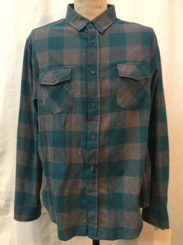 SHOUTHOUSE, Teal Blue, Heather Gray, Cotton, Polyester, Check , Heather Gray/ Teal Blue Check, Button Front, Collar Attached, 2 Pockets,