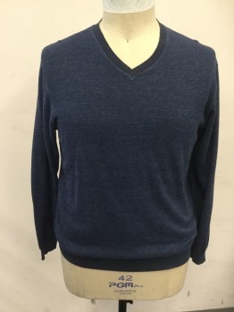 Mens, Pullover Sweater, LENOR RANANO , Dk Blue, Cotton, Heathered, L, V-neck, Long Sleeves, Ribbed Knit Neck/Waistband/Cuff