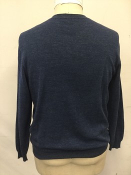 Mens, Pullover Sweater, LENOR RANANO , Dk Blue, Cotton, Heathered, L, V-neck, Long Sleeves, Ribbed Knit Neck/Waistband/Cuff