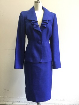 Womens, Suit, Jacket, LE SUIT, Royal Blue, Synthetic, Solid, 4, Single Breasted, Ruffle Shawl Collar, Fabric Covered Button, Waist Seam