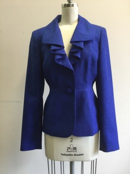 LE SUIT, Royal Blue, Synthetic, Solid, Single Breasted, Ruffle Shawl Collar, Fabric Covered Button, Waist Seam