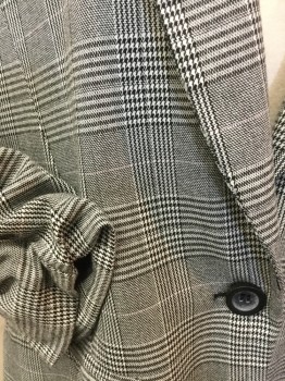 Womens, Blazer, STOOSH, Black, White, Polyester, Plaid, L, Glen Plaid, 1 Button Single Breasted, Notched Lapel, 2 Slit Pockets, 3/4 Sleeves with Elasticated Rushed Cuffs