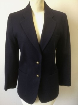 Womens, Blazer, MILLS, Navy Blue, Wool, Solid, B:35, 4M, Dark Navy, Single Breasted, Notched Lapel, 2 Gold Metal Buttons, 3 Patch Pockets, Solid Dark Navy Lining