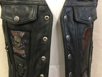 Mens, Leather Vest, HARLEY DAVIDSON, Black, Black, Leather, Poly/Cotton, Solid, L, Black Aged, Black Lining,  V-neck, Studs Snap Front, 2 Pockets with Flap & 2 with Zippers, Skull Patches Front & Sitting American Flag Lady in the Back, Side Lacing