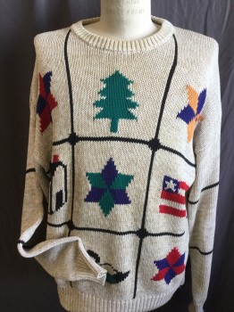 Mens, Pullover Sweater, C.F. HATHAWAY, Oatmeal Brown, Green, Red, Purple, Black, Cotton, Novelty Pattern, XL, Ribbed Knit Crew Neck, Long Sleeves (black Horizontal Stripes)  Cuffs & Hem, with Star/tree/house/flag & Duck Front