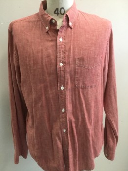 JCREW, Red, White, Cotton, Linen, Solid, Button Down Collar, Button Front, Long Sleeves, White Top Stitching