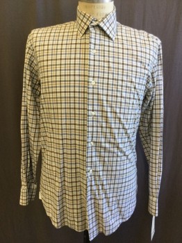 BLOOMINGDALES, Cream, Gray, Chocolate Brown, Caramel Brown, Cotton, Plaid, Button Front, Collar Attached, Long Sleeves, No Pocket,