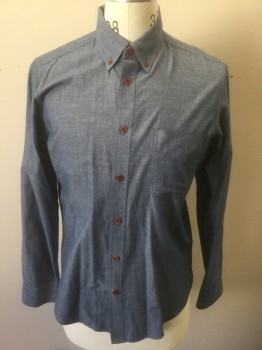 BEN SHERMAN, Dusty Blue, White, Cotton, 2 Color Weave, Dusty Blue/White 2 Color Weave with Multicolor Tiny Slubs/Flecks Throughout, Long Sleeve Button Front, Collar Attached, Button Down Collar, 1 Patch Pocket,  Buttons are Contrasting Rust Color