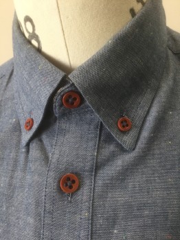 BEN SHERMAN, Dusty Blue, White, Cotton, 2 Color Weave, Dusty Blue/White 2 Color Weave with Multicolor Tiny Slubs/Flecks Throughout, Long Sleeve Button Front, Collar Attached, Button Down Collar, 1 Patch Pocket,  Buttons are Contrasting Rust Color