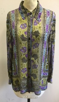 DANA BUCHMAN, Purple, Chartreuse Green, Black, Sky Blue, Silk, Floral, Stripes, Sheer, Button Front, Collar Attached, Long Sleeves, Cuff, Large Medallion Back