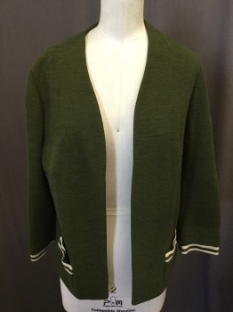 BUTTE KNIT, Moss Green, Cream, Wool, Open Front, 3/4 Sleeves, Stripe Detail at Pockets/cuffs, Patch Little Pockets, 1960s