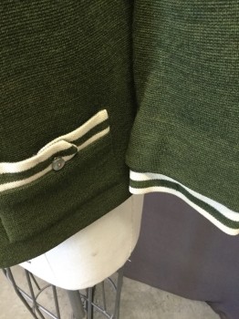 BUTTE KNIT, Moss Green, Cream, Wool, Open Front, 3/4 Sleeves, Stripe Detail at Pockets/cuffs, Patch Little Pockets, 1960s