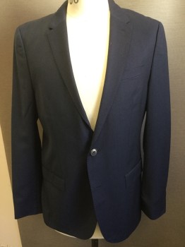 HUGO, Navy Blue, Wool, Solid, Notched Lapel, 2 Button Front, Pocket Flap, Self Houndstooth Embossed Texture
