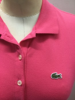 Womens, Dress, Short Sleeve, LACOSTE, Pink, Cotton, Elastane, Solid, B:34, Pique Jersey Polo Dress, Rib Knit Collar Attached, 4 Button Front, Short Sleeves, Hem Above Knee,  Green Lacoste Alligator Patch at Chest