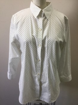 LAUREN, White, Black, Cotton, Polka Dots, Button Front, Long Sleeves, Collar Attached,