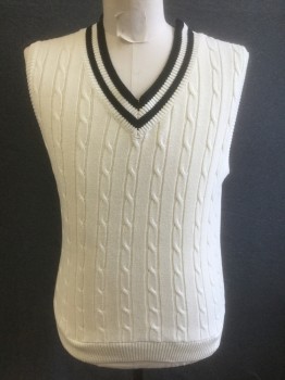 Mens, Sweater Vest, SOUTHERN PINES, Cream, Black, Cotton, Cable Knit, Solid, M, Cream Cabled Knit with 2 Black Stripe Accents at V-neck, Pullover