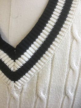 Mens, Sweater Vest, SOUTHERN PINES, Cream, Black, Cotton, Cable Knit, Solid, M, Cream Cabled Knit with 2 Black Stripe Accents at V-neck, Pullover