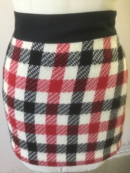 Womens, Skirt, Mini, MILLY, Black, Cream, Red, Wool, Polyester, Check , 2, Black/Cream/Red Oversized Check Pattern Wool, 2" Wide Solid Black Grosgrain Waistband, Hem Mini, Invisible Zipper at Side