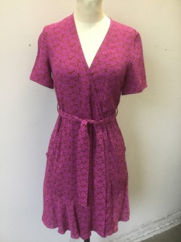 Womens, Dress, Short Sleeve, A.L.C., Magenta Pink, Dk Red, Silk, Floral, 0, Busy Floral Ornate Pattern Chiffon, Short Sleeves, Wrap Dress with Deep V Wrapped Neckline, 1 Button Closure at Side Waist, 2 Side Pockets, Ruffled Hem, Hem Above Knee **2 Piece, with Matching Fabric Belt