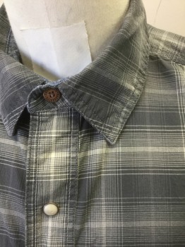 Mens, Western, CARHARTT, Dk Gray, Charcoal Gray, Off White, Gray, Cotton, Spandex, Plaid, M, Long Sleeve, Snap Front, Collar Attached, Cream and Brass Snaps, 2 Pockets with Snap Closures