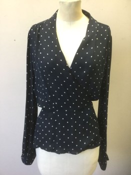 L'AGENCE, Navy Blue, Cream, Polyester, Polka Dots, Navy with Cream Polka Dots, Sheer Chiffon, Long Sleeves, Wrap Closure with Self Ties, Low V-neck, Puffy Sleeves Gathered at Shoulders, Peplum Waist **Barcode Located on Inside of Wrap Closure Near Left Tie