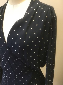 L'AGENCE, Navy Blue, Cream, Polyester, Polka Dots, Navy with Cream Polka Dots, Sheer Chiffon, Long Sleeves, Wrap Closure with Self Ties, Low V-neck, Puffy Sleeves Gathered at Shoulders, Peplum Waist **Barcode Located on Inside of Wrap Closure Near Left Tie