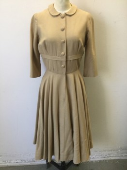 COSTUME CO-OP, Tan Brown, Wool, Solid, Wool Crepe, 3/4 Sleeve, Peter Pan Collar, Self Fabric Covered Buttons Down Center Front with Hidden Hook & Eye Closures, Circle/Full Skirt, Below Knee Length, Horizontal Pleat Across Lower Bust, Made To Order Reproduction