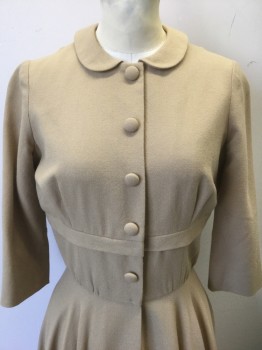 COSTUME CO-OP, Tan Brown, Wool, Solid, Wool Crepe, 3/4 Sleeve, Peter Pan Collar, Self Fabric Covered Buttons Down Center Front with Hidden Hook & Eye Closures, Circle/Full Skirt, Below Knee Length, Horizontal Pleat Across Lower Bust, Made To Order Reproduction