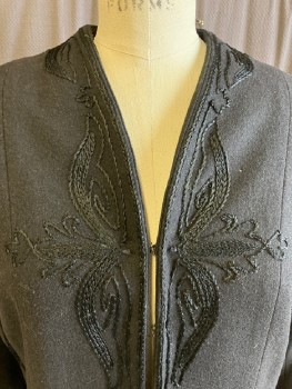 N/L, Black, Wool, Solid, 3/4 Length Coat with Hook & Eye Closure Center Front, Yarn Embroidery Detail at Center Front, Hemline & Cuffs Neckline, Center Back Panel
