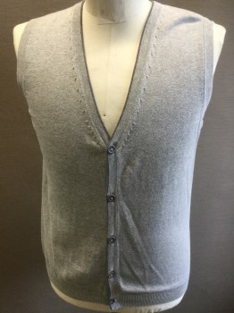 Mens, Sweater Vest, WATSONS, Lt Gray, Gray, Cotton, Medium, 5 Buttons, Knit, Edged in Dk Gray