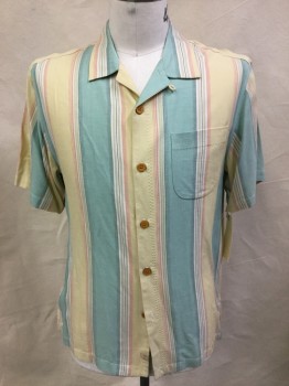TOMMY BAHAMA, Lt Yellow, Sea Foam Green, Coral Orange, Navy Blue, White, Silk, Stripes - Vertical , Button Front, Short Sleeves, Collar Attached, Button Loop,1 Pocket, Top Stitch,