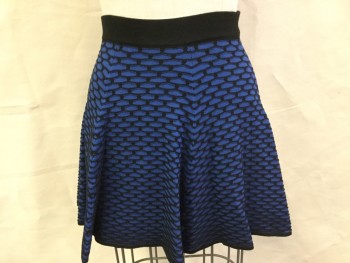 Womens, Skirt, Mini, INTERMIX, Royal Blue, Black, Polyester, Lycra, Novelty Pattern, XS, Royal Blue with Black Honeycomb Texture, 1-1/4" Elastic Waistband