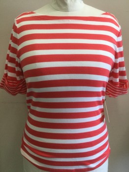 RALPH LAUREN, Coral Pink, White, Cotton, Stripes - Horizontal , Bateau/Boat Neck, 3/4 Cuffed Sleeves, Pull Over