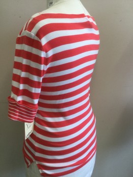 RALPH LAUREN, Coral Pink, White, Cotton, Stripes - Horizontal , Bateau/Boat Neck, 3/4 Cuffed Sleeves, Pull Over