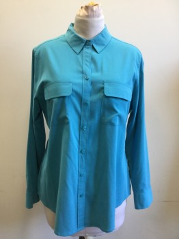 CHICO'S, Turquoise Blue, Modal, Polyester, Solid, Button Front, Collar Attached, Long Sleeves, 2 Flap Pockets