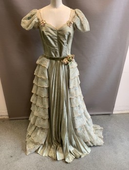 N/L MTO, Sage Green, Blush Pink, Polyester, Solid, Floral, Crinkled Texture Satin, Light Sage Tulle Cap Sleeves with Faint Floral Embroidery and Small Sequins, Sweetheart Bustline, Chemically Set Pleats in Skirt, Floor Length, Historical Fantasy Made To Order