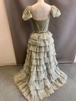 N/L MTO, Sage Green, Blush Pink, Polyester, Solid, Floral, Crinkled Texture Satin, Light Sage Tulle Cap Sleeves with Faint Floral Embroidery and Small Sequins, Sweetheart Bustline, Chemically Set Pleats in Skirt, Floor Length, Historical Fantasy Made To Order