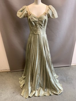 Womens, Historical Fiction Dress, N/L MTO, Sage Green, Blush Pink, Polyester, Solid, Floral, W:26, B:32, Crinkled Texture Satin, Light Sage Tulle Cap Sleeves with Faint Floral Embroidery and Small Sequins, Sweetheart Bustline, Chemically Set Pleats in Skirt, Floor Length, Historical Fantasy Made To Order