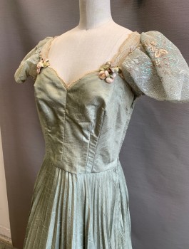 Womens, Historical Fiction Dress, N/L MTO, Sage Green, Blush Pink, Polyester, Solid, Floral, W:26, B:32, Crinkled Texture Satin, Light Sage Tulle Cap Sleeves with Faint Floral Embroidery and Small Sequins, Sweetheart Bustline, Chemically Set Pleats in Skirt, Floor Length, Historical Fantasy Made To Order