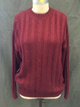 EXPLORA, Wine Red, Wool, Solid, Cable Knit, Wide Ribbed Knit Collar Attached, Long Sleeves, Ribbed Knit Waistband/Cuff