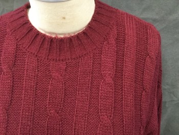 EXPLORA, Wine Red, Wool, Solid, Cable Knit, Wide Ribbed Knit Collar Attached, Long Sleeves, Ribbed Knit Waistband/Cuff