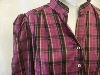 BYER TOO!, Magenta Purple, Black, Yellow, Lime Green, Polyester, Cotton, Plaid, 2 Button Placket, Spread Band Collar, Elastic Waist, Puffed Gathered Long sleeves with Cuffs, Shoulder Double Knife Pleats, Hem Below Knee, Fit and Flare, Self-tie Belt