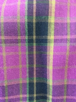 BYER TOO!, Magenta Purple, Black, Yellow, Lime Green, Polyester, Cotton, Plaid, 2 Button Placket, Spread Band Collar, Elastic Waist, Puffed Gathered Long sleeves with Cuffs, Shoulder Double Knife Pleats, Hem Below Knee, Fit and Flare, Self-tie Belt