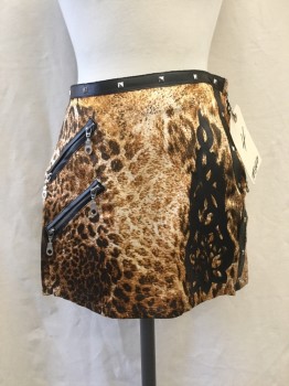 Womens, Skirt, Mini, TOKYO, White, Brown, Beige, Black, Viscose, Faux Leather, Animal Print, Graphic, 4, Leopard Print, 2 Zip Pockets, Faux Leather Studded Trim, D Ring Back Detail, Black Graphic