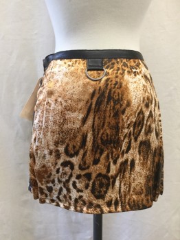 Womens, Skirt, Mini, TOKYO, White, Brown, Beige, Black, Viscose, Faux Leather, Animal Print, Graphic, 4, Leopard Print, 2 Zip Pockets, Faux Leather Studded Trim, D Ring Back Detail, Black Graphic