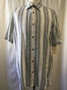VISCONTI, Black, Slate Gray, Cream, Linen, Stripes - Vertical , Code Stripe, Short Sleeves, Collar Attached, Button Front, Square Buttons