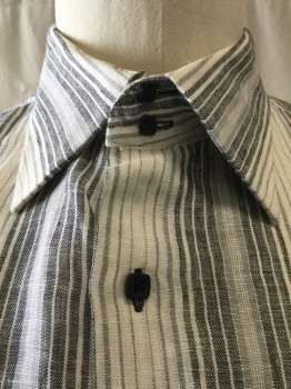 VISCONTI, Black, Slate Gray, Cream, Linen, Stripes - Vertical , Code Stripe, Short Sleeves, Collar Attached, Button Front, Square Buttons