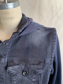Mens, Jean Jacket, PARASUCO, Navy Blue, Cotton, Spandex, Solid, 40, Jean Vest with Navy Sweatshirt Sleeves and Attached Hood, Button Front, Collar Attached, 4 Pockets, Button Tabs at Back Waist