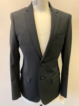 CALVIN KLEIN, Black, Wool, Solid, 2 Button Front, Notched Lapel, 3 Pockets,